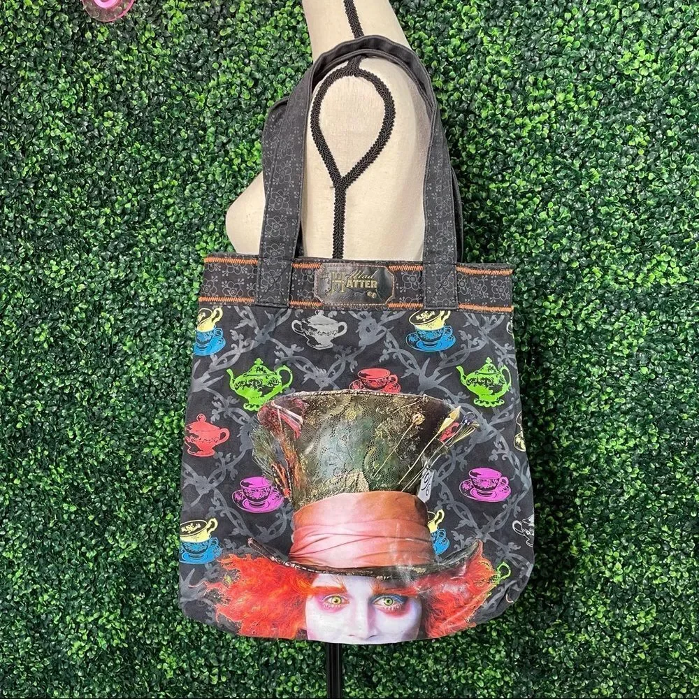Mad Hatter Denim Graphic Tote Bag